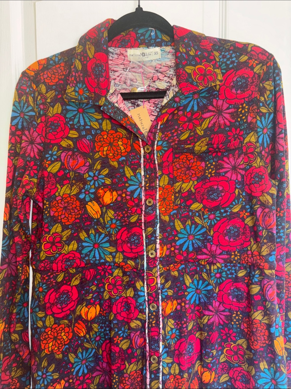 NATURAL LIFE MULTICOLORED FLORAL COTTON BUTTON DOWN DRESS DRAW STRING INSIDE NWT - Picture 2 of 10
